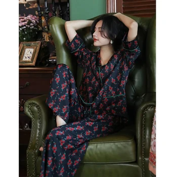 10911-1 Пижами дамски пролетно-есенна ледена коприна модерна нова домашно облекло с принтом, имитация на коприна, копринен костюм-двойка с цветен модел