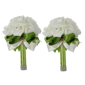 2X Красив Сватбен Букет Цветя на Булката изкуствени цветя, букет от рози, бели сватбени букети-Зелена Лента