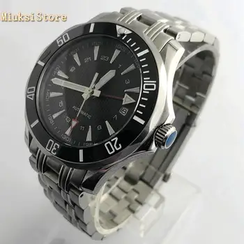 41 мм Bliger мъжки-добрите бизнес часовник сапфир кристал bezel от неръждаема стомана черен стерилна циферблат GMT дата на автоматични мъжки часовник