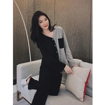 6011-2новый стил пижами, дамски панталони с дълги ръкави пижами дамски памучни корейски ежедневни пижами пролет есен Мрежест модел
