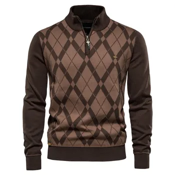 Argyle Мъжки Пуловер Памук Оформление на Шията Светкавица Лоскутный Пуловер, Мъжки Зимни Висококачествени Модни Топли Пуловери за Мъже