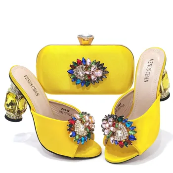 CINSSD Модни Великолепна Жълта Блестящ Плат С ярко Украшение От Планински Кристал, Вечерни Дамски Обувки И Чанта