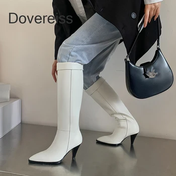 Dovereiss/2022 г. Зимните Модни Бели Ботуши до Коляното на масивна ток от естествена кожа в ретро стил На блок обувки Дамски Обувки Пикантни Новост 40