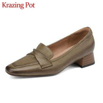 Krazing Pot/Есен Обувки от естествена Кожа с Квадратни пръсти на средно Токчета, без Шнур, Дизайн в стила на Западна Англия, Дамски Обувки-лодка