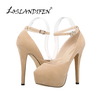 LOSLANDIFEN/Модни дамски кадифени обувки-лодка на платформа с каишка на щиколотке, Чубрица Елегантни червени обувки на Висок ток с остър пръсти 817-5VE