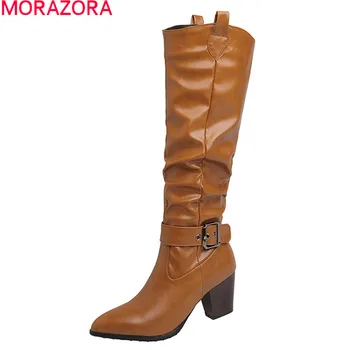 MORAZORA/Нов прием на 2022 г.; модни ботуши до коляно на дебел висок ток; дамски обувки с остър пръсти; зимни изолирана дамски обувки
