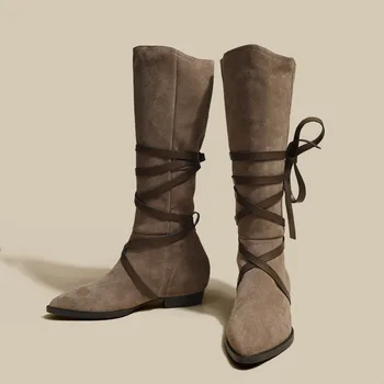 TOPHQWS/2022, Реколта велур женски каубойски ботуши в западен стил, с остри пръсти, дизайнерски ботуши до Коляното, есенно-зимни дамски обувки на масивна ток