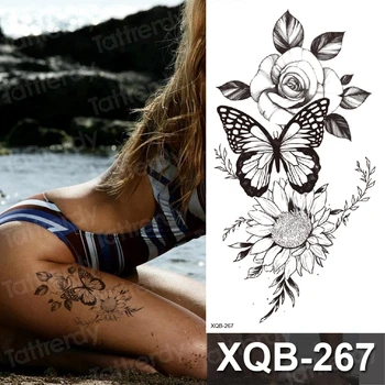 временна татуировка на роза, божур цветя пеперуда татуировка на бедрото растения лист цвете маргаритки татуировка фалшиви водоустойчива, за жени-секси татуировка