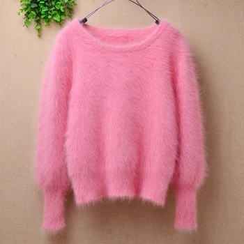 дами дамска мода розово ангорски зайци вълна вязаный дълъг фенер ръкави кратък съкратен топ тънък пуловер от кожа на норка жилетка пуловер