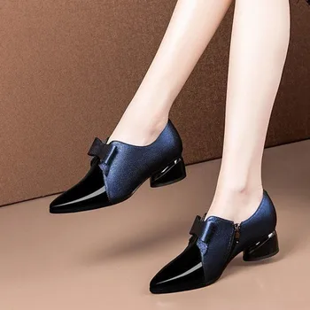 Дамски Класически черни Пролетни обувки без шнур с папийонка на среден Ток, дамски Модни сладки Сини вечерни Обувки На Висок Ток, обувки Банкетни