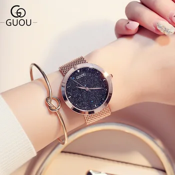 Дамски модни часовници от стомана дамски часовници в европейски и американски стил, с голям циферблат и розово злато каишка за часовник G8178