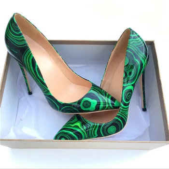 Дамски обувки-лодка от лачена кожа със зелен принтом Пейсли, дамски обувки на висок ток, Чубрица вечерни обувки на висок ток с остър пръсти 8/10/12 см