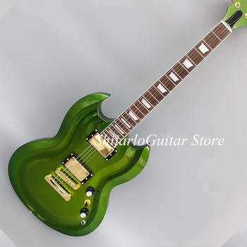 Електрическа китара SG по поръчка, сребристо-зелено тяло, хастар от палисандрово дърво, златен обков, два го получите безплатна доставка