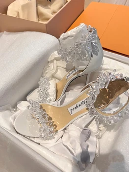 Кристали сандали на високи токове нови бели стъклени обувки