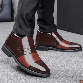 Мъжки Памучен обувки Официална Кожена PVC Однотонная Кръгла Форма Плюс Руно Водоустойчив и Хлъзгави Запазва топлината