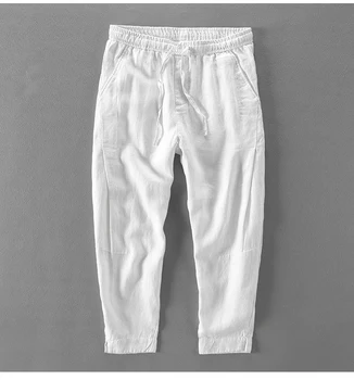 Мъжки Пролетни Модни Мъжки Памучни Ленени Панталони 2020, Бели, сини Тънки Панталони с Дължина До Глезена, Свободни Мъжки Прости Панталони