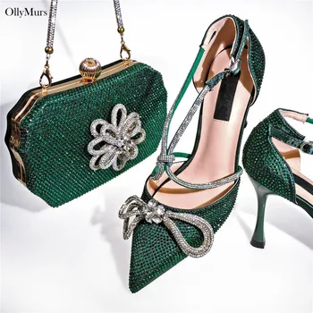 Най-новият комплект на женските обувки и чанти с кристали в африканския стил за парти, висококачествени италиански обувки-лодка със сандали, обувки и чанта в тон, за парти