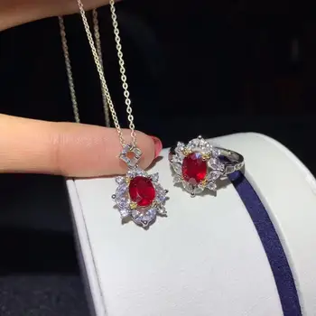 очарователен червен рубин, пръстен със скъпоценния камък и огърлица, комплект бижута, сребро проба 925, естествен скъпоценен камък 6*8 мм, за подарък, за партита, дамско колие, разпродажба