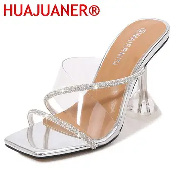 Прозрачни чехли от PVC с украса във вид на кристали; пикантни ежедневни обувки на висок ток; по-големи Размери 35-43 44 45 46; женски прозрачни чехли с отворени пръсти