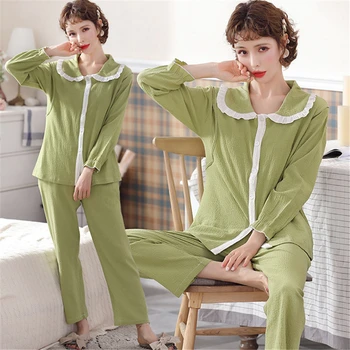 Пролет-есен нова памучен марлевая пижама с дълги ръкави, однотонная домашно облекло, топла разпродажба, секси спално бельо