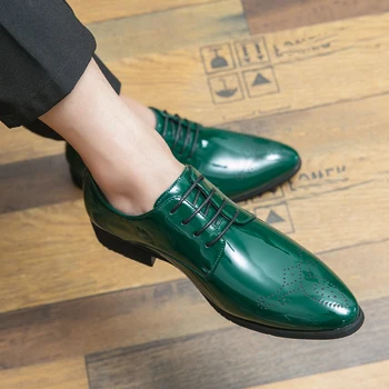 Пролетни луксозни маркови зелени обувки-Oxfords Ръчно изработени, Бизнес Кожени обувки с Високо качество на ниски токчета с шнур, Модерен мъжки модел обувки