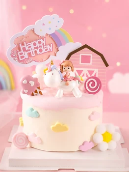 Розова Принцеса Момиче Торта за рождения Ден на Topper Обличам Малката Езда PVC Пластмаса Еднорог Украса на Торта Вечерни Украса за Доставка