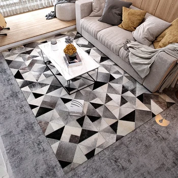 Скандинавските черни, бели и сиви триъгълници от естествена телешка кожа, кожа килим за хол, украса голям размер, офис килим