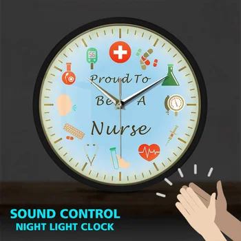 Стани медицинска Сестра Символ на грижите За Болните Метална Рамка Светещи Стенни Часовници Управление на звука Часовници Медицински Икони Здравето Часовници