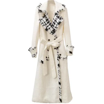 Френски стил, зимно твидовое дълга вълна палто с пискюли, женски двубортное, сшитое в тънка ивица, палта wwarm